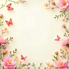 Floral frame with pink flowers and butterflies on light background  