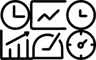 Black flat line icons for productivity metrics and time management clock graph