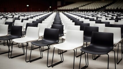 Empty Conference Room with Rows of Black Chairs for Business Meeting