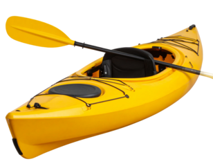 Bright Yellow Kayak with Paddle, Side View, Transparent Background