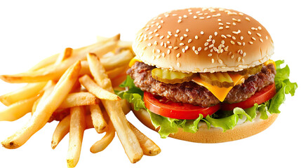 A delicious cheeseburger topped with lettuce, tomato, pickles, and cheese, served alongside a portion of crispy French fries.