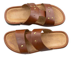 Brown Leather Sandals with Gold Buttons, Top View, Isolated on Transparent Background