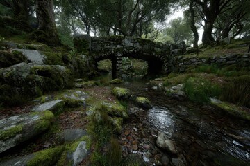 Moss-covered stone arch bridge over a stream in a misty forest (3)