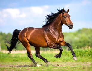 Obraz premium Running brown horse in field