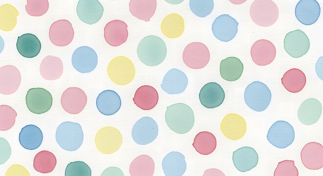 Watercolor polka dot pattern featuring pastel shades of pink, blue, green, and yellow on a white background.