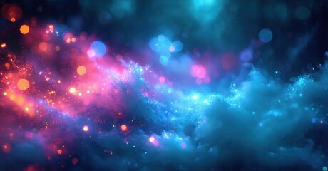 Vibrant cosmic scene. Swirling nebulas, bright particles, deep blues, pinks, oranges create stunning visual effect. Space exploration imagery.