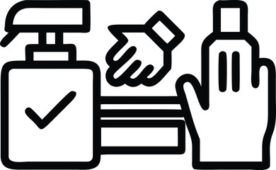 Obraz premium Black line icons for hand sanitizing and cleaning products hygiene spray bottle