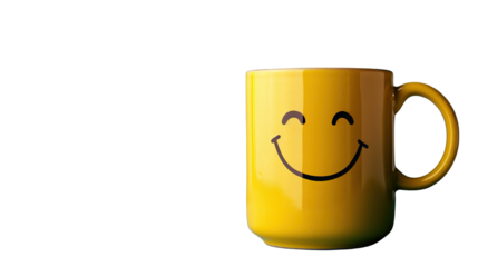 A bright yellow mug featuring a cheerful smiley face design.