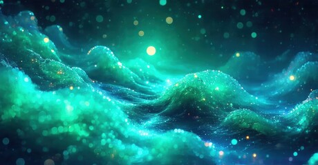 Fototapeta premium Abstract waves, vibrant teal hues, sparkling particles create dreamy underwater scene. Light radiates from depths.