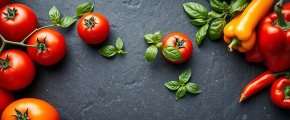 Vibrant red tomatoes, green basil, and colorful peppers arranged on a dark stone surface,  kitchen,  peppers
