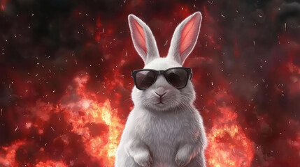 White rabbit wearing black sunglasses stands confidently with fiery explosion background creating dramatic and intense atmosphere