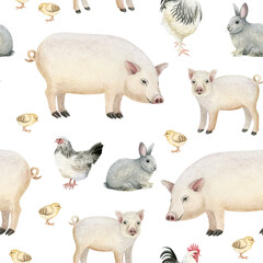Farm pigs, piglets, rabbits, roosters and chickens watercolor seamless pattern on white. Hand drawn cute animals repeat background for village and countryside designs in pastel pink beige colors