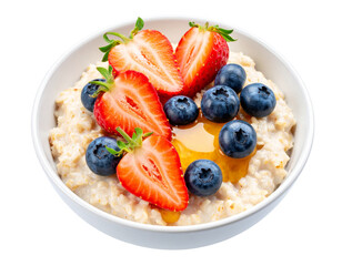 Close-Up of Bowl of Oatmeal with Fresh Berries and Honey Drizzle, Isolated on Transparent Background