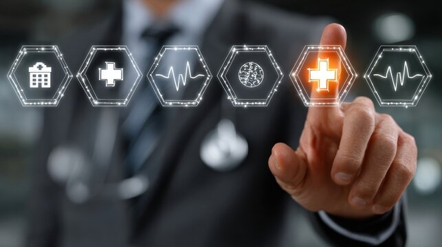 Doctor interacting with digital health icons, showcasing medical innovation, hospital services, and patient care technology - Powered by Adobe