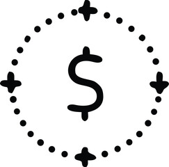 Hand drawn dollar sign symbol enclosed in a dotted oval frame with four starburst accents symbolizing financial success and wealth