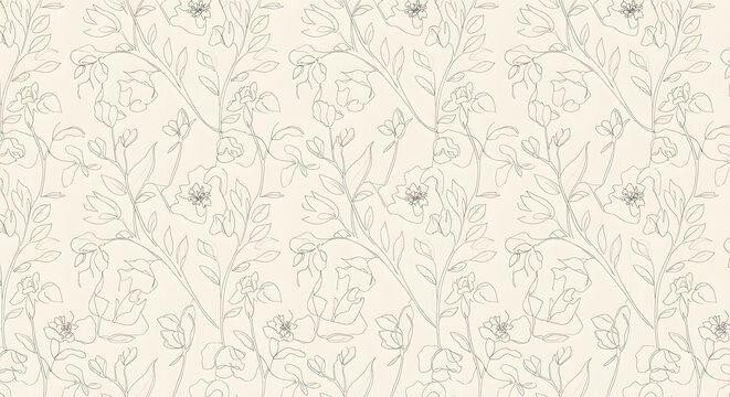 Delicate floral pattern featuring stylized flowers, leaves, and stems in a light, neutral color palette, creating a soft and elegant design.