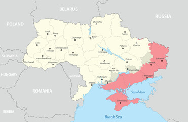Fototapeta premium A detailed political map of Ukraine highlighting disputed regions in red