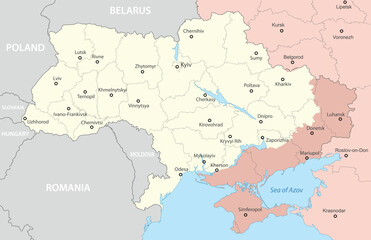 A detailed political map of Ukraine highlighting disputed regions in red
