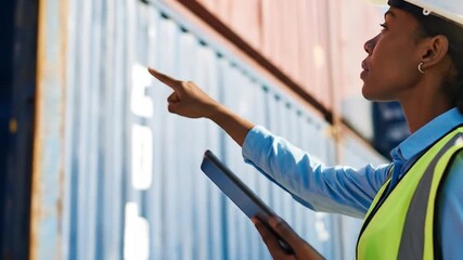 Worker inspecting shipping container - Powered by Adobe
