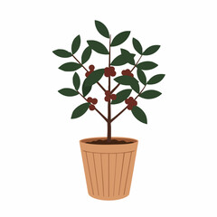 Obraz premium Detailed illustration of a coffee plant in a decorative terracotta pot.