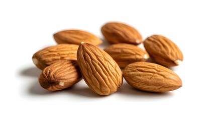 Fresh, healthy almonds scattered on a clean white background, perfect for food blogs and health content.