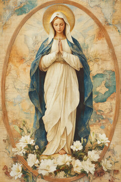 Virgin Mary with Heavenly Glow Surrounded by Lilies and Roses. AI generative.