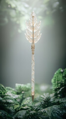 Elegant arrow with translucent feather design and gold accents floating above green foliage in soft natural light