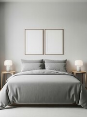 Two mockup poster frames in a minimalist modern bedroom scene with neutral tones and stylish decor