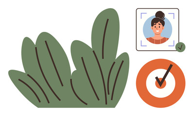 Facial recognition profile with a checkmark, verification tick on a target graphic, and green leaves. Ideal for security, approval, digitization, credentials, success, identity confirmation simple