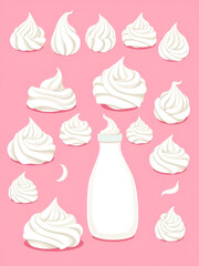 Set of white whipped cream in cartoon style. Vector illustration of sweet cream of different shapes and textures and a bottle of whipped cream isolated on a pink background.