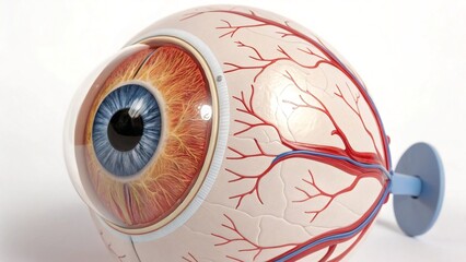 Detailed anatomical model of the human eye showing iris, retina, and blood vessels for medical and educational use.