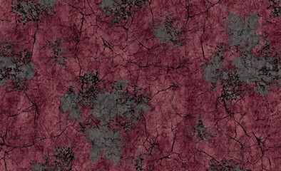 Cracked maroon surface with gray floral patterns