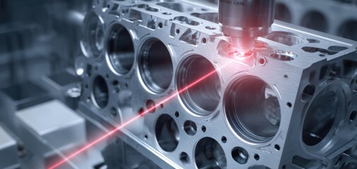 The precision laser inspection of a metal engine block in automated manufacturing