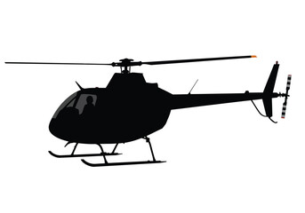 Silhouette of a helicopter with spinning rotors, isolated on white background, showcasing its design and functionality in the realm of air transportation