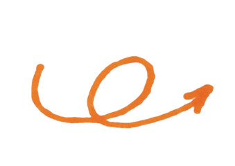 A simple, hand-drawn orange arrow with a loop, pointing to the right. The scribble-style illustration is depicted on a light background and is suitable for representing direction, path, circular motio