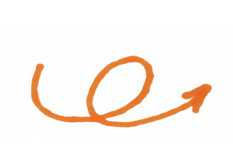 A simple, hand-drawn orange arrow with a loop, pointing to the right. The scribble-style illustration is depicted on a light background and is suitable for representing direction, path, circular motio