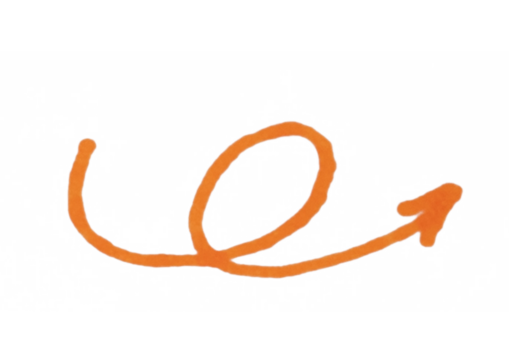 A simple, hand-drawn orange arrow with a loop, pointing to the right. The scribble-style illustration is depicted on a light background and is suitable for representing direction, path, circular motio
