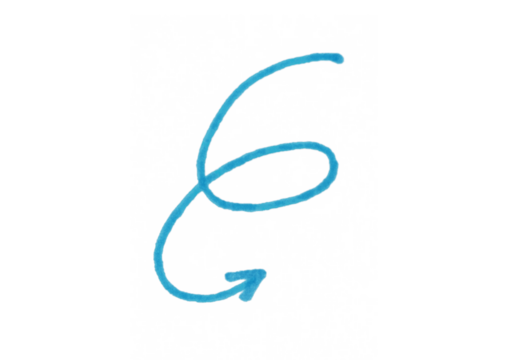 A hand-drawn blue arrow with a winding, spiral-like curve, pointing downwards. This simple doodle on a light background can represent a downward path, a spiral motion, a change in direction