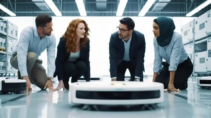 Team of professionals analyzing advanced robotic technology in a modern warehouse setting - Powered by Adobe