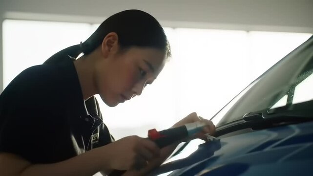 A focused woman meticulously detailing a blue car in a well-lit garage, showcasing automotive care