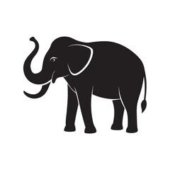 A striking black silhouette of an elephant with its trunk raised in a majestic stance against a white background