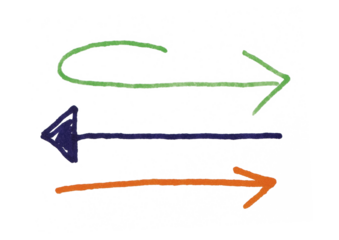 Three hand-drawn arrows in different colors, including a curved green, a straight blue, and a straight orange one, symbolizing diverse paths, choices, or comparisons.