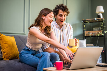 Adult couple is sitting at sofa at home and using laptop.  They are shopping online and searching for goods.
