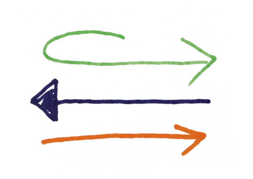 Three hand-drawn arrows in different colors, including a curved green, a straight blue, and a straight orange one, symbolizing diverse paths, choices, or comparisons.