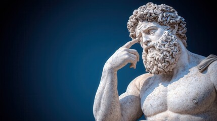 Pensive Marble Statue Against Dark Blue Background