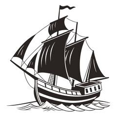 A classic black and white illustration of a majestic sailing ship with full sails navigating through choppy ocean waves