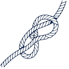 A simple hand drawn illustration of a dark blue nautical knot tied in a thick rope on a white background © RUJINA