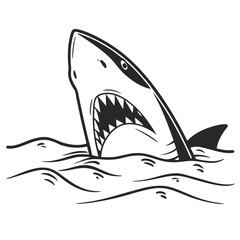 Fierce great white shark emerging from dark water with open jaws and sharp teeth