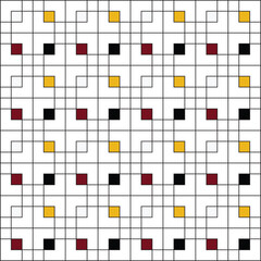 Grid of black squares on a white background, with small squares coloured in pale grey, yellow, maroon and black
