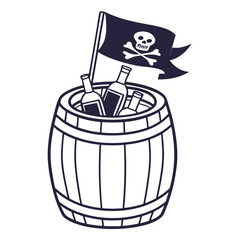 Pirate treasure chest barrel filled with bottles and a jolly roger flag waving above